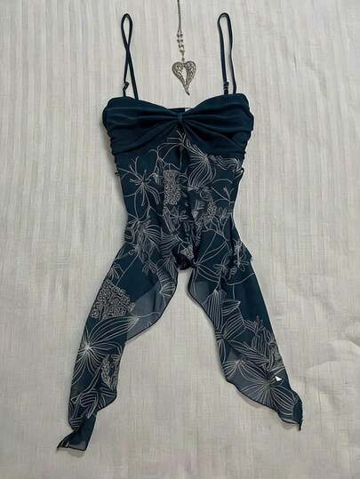 INAWLY Camiseta de tirantes con estampado floral, patchwork y bajo asimétrico