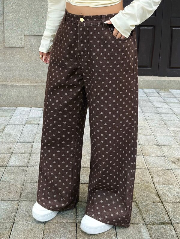 Flexra Plus Size Polka Dot Print Straight Leg Jeans Vacation Fashion Week 1960s 80s  Fall Auutumn Wide Brown Academic Style Retro Sportswear Campus
Campus