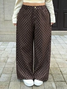Flexra Plus Size Polka Dot Print Straight Leg Jeans Vacation Fashion Week 1960s 80s  Fall Auutumn Wide Brown Academic Style Retro Sportswear Campus
Campus - Brown - View 7