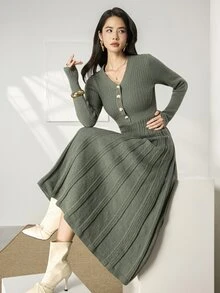 Heiryn Women's Button Half-Placket Long Sleeve Sweater Dress - Dark Green - View 6