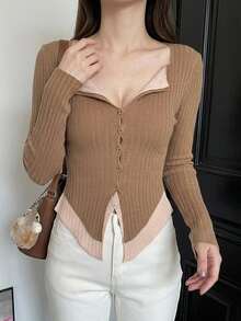 DAZY Maillard Style Contrast Color Patchwork 2 In 1 Slim Fit V-Neck Long Sleeve Knit Base Layer Top For Women, Autumn - Khaki - View 4