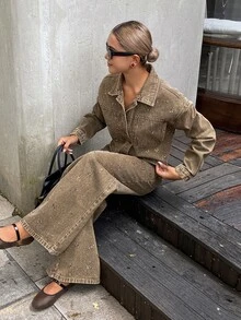 DAZY Women's Rhinestone Decorated Short Jacket And Loose Straight Leg Pants Vacation Style Brown Denim Set - Khaki - View 2