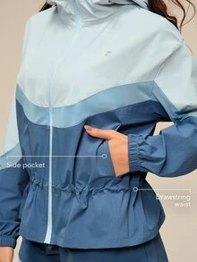 OutZeal Women Sports Jacket Gym Workout Water-Resistant Mesh Panel Ruffled Hem Hooded Jacket - Blue - View 3