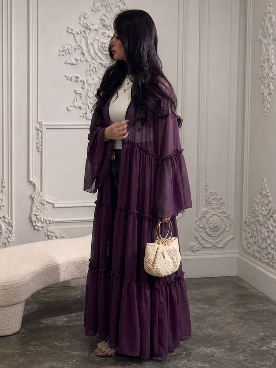 Yasmyna عباية نسائية من الشيفون الشفاف البنفسجي بأكمام طويلة وقصة فضفاضة مع حافة مكشكشة متعددة الطبقات، مناسبة للعطلات والاستخدام اليومي والمواعيد والتنقل - أحمر بنفسجي - مشاهدة 1