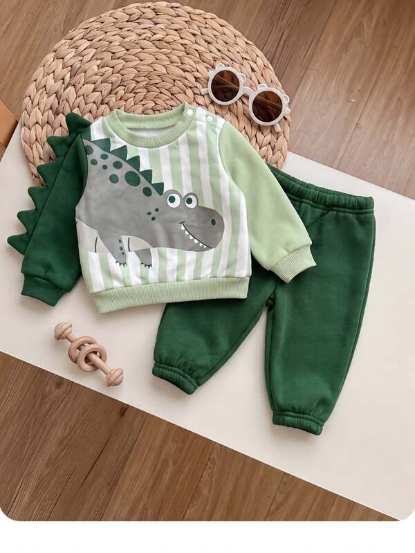 Ensemble décontracté pour nouveau-né avec sweat-shirt à manches longues et pantalon imprimé dinosaure de dessin animé