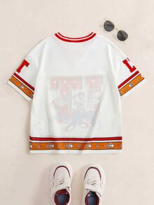 LOONEY TUNES X SHEIN Tween Boy Letter Print V-Neck Short Sleeve T-Shirt - White - View 2
