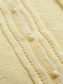 GlowEve CURVE Pale Yellow Wavy Lace Hollow Knit Cardigan . Cable Texture + Single-Breasted . Fresh & Gentle Style Plus Size Cardigan - Yellow - View 3