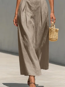 SHEIN 女款春夏休閒極簡優雅度假風立領收腰日常百搭長洋裝，女款春夏套裝，女款優雅洋裝，女款休閒洋裝，女款度假洋裝 - 卡其色 - 查看 5