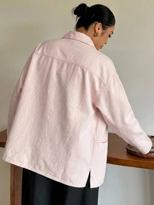 Dazy Plus 翻領寬鬆長袖開襟牛仔外套，休閒都市風，水洗牛仔，大尺碼，秋季新品 - 粉色 - 查看 2