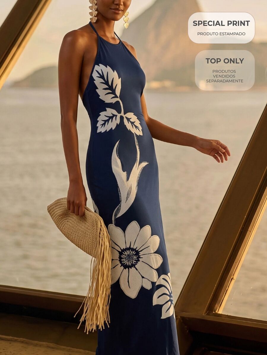 CAJUNI Chic Vacation Golden Flower Embroidery Navy Blue Jersey Knit Long Dress - Navy Blue - View 1