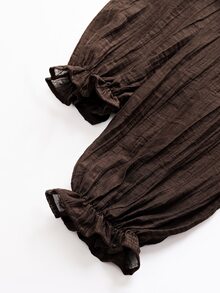 SHEIN Veneréa Gaun Panjang Wanita dengan Lengan Lentera Berkerut dan Leher V - Chocolate Brown - View 6