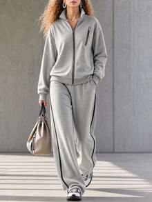 SHEIN LUNE Setelan Olahraga Kasual Longgar Kerah Tegak Terbaru untuk Wanita, Cocok untuk Sehari-hari, Bepergian, dan Berolahraga - Grey - View 3