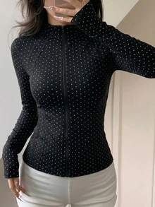 Dazy Tall 女款圓領長袖前扣波點襯衫 秋季 - 黑色 - 查看 6