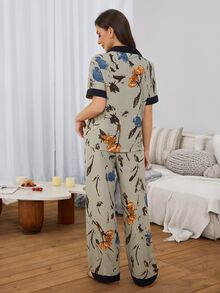 Serenescape Artistic Floral Print Loungewear, Contrast Color Lapel Loose Casual Home 2 Pieces Set - Green - View 2