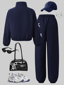 SHEIN Tween Girls' Casual Versatile Minimalist Jacket Set, Fall Outfits, White Letter Embroidery On Chest, White Ribbon Bows On Sleeves And Pants Sides - Navy Blue - View 2