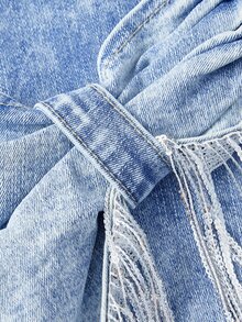 SHEIN MOD Women's Patchwork Sequin Tassel Hem Fashion Tube Top Denim Jumpsuit - Blue - View 3