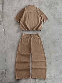 AXEPEAK Men's Fashion Casual Washed Set - Brown - View 3