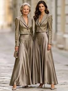 SHEIN Oatmeal Grey Blended Short Blazer + Satin Full Skirt Set, French Style Two Pieces Set, Elegant Two Pieces Set, Old Money Luxury Texture Fabric, Suitable For Commute, Business, Banquet, Date, Vacation - Champagne - View 1