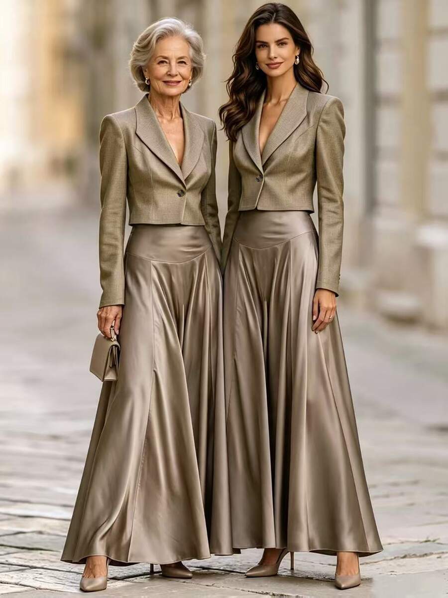 SHEIN Oatmeal Grey Blended Short Blazer + Satin Full Skirt Set, French Style Two Pieces Set, Elegant Two Pieces Set, Old Money Luxury Texture Fabric, Suitable For Commute, Business, Banquet, Date, Vacation - Champagne - View 1