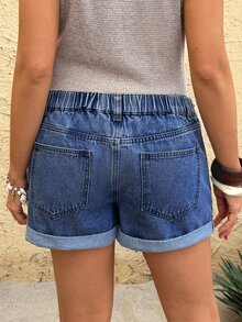 SHEIN Maternity Casual Versatile Daily Wear Denim Shorts With Pockets Jean Shorts - Dark Wash - View 2