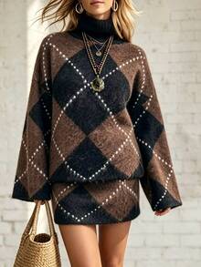 SHEIN PariChic Women Argyle Turtleneck Knit Two Pieces Outfit, Long Sleeve Plaid Sweater + Mini Skirt Matching Set, - Apricot - View 1