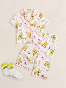 LOONEY TUNES X SHEIN Baby Girl Letter Cartoon Print Short Sleeve Top And Long Pants Casual Daily Home Sleepwear Set - Multicolor - View 1