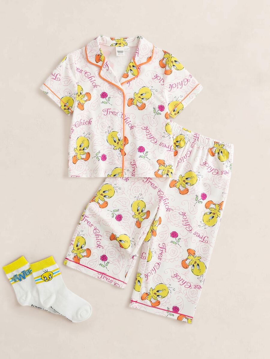 LOONEY TUNES X SHEIN Baby Girl Letter Cartoon Print Short Sleeve Top And Long Pants Casual Daily Home Sleepwear Set - Multicolor - View 1