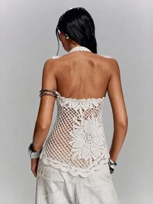 LYSMO Women's Solid Color Hollow Out Casual Everyday Knit Vest - White - View 2