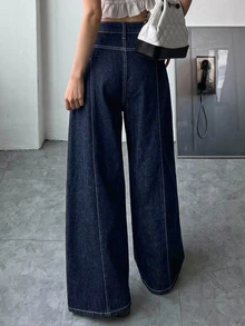 DAZY 女款純色寬鬆百褶拼接寬腿休閒白色百搭長褲，四季秋季適用 - 深色水洗藍 - 查看 2