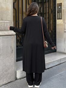Dazy Plus Solid Color Fitted Camisole, Long Pants, Long Cardigan Casual Slouchy 3 Pieces Set - Black - View 2