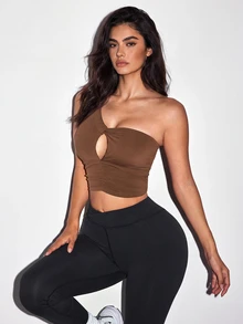 Sirith Solid Color One Shoulder Hollow Out Cropped Sports Tank Top - Coffee Brown - View 5
