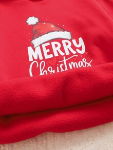 Kids Tween Boys Christmas Hat Print Thickened Crew Neck Long Sleeve Thermal Lined Autumn Winter Sweatshirt, Parent-Child Matching - Red - View 7