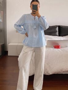 DAZY 2pcs Lace Patchwork Long Sleeve & Long Pants Women's Pajama Set Fall - Blue - View 8