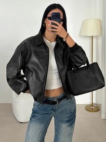 SHEIN PETITE Stylish American-Style Black Jacket With A Distressed Gradient Finish For Petite Women. - Black - View 4