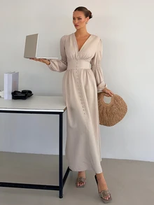 Siren Gaze Solid Color Elegant V-Neck Shirt Dress With Silk Button Details, Cream Color, Autumn - Apricot - View 6