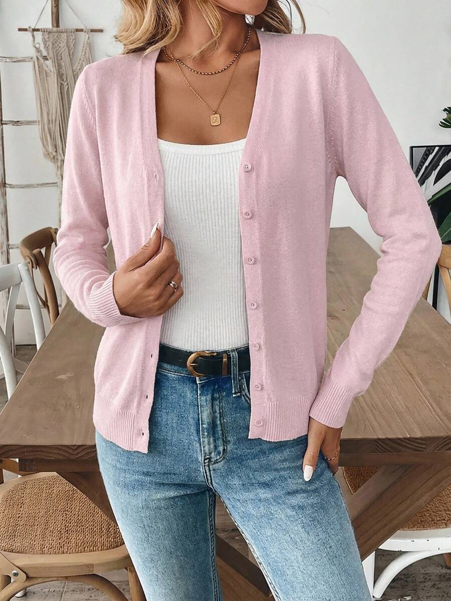 SHEIN Tall Women's Casual Everyday Office Commute Simple Solid Color Button Front Lightweight Cardigan - Baby Pink - View 1