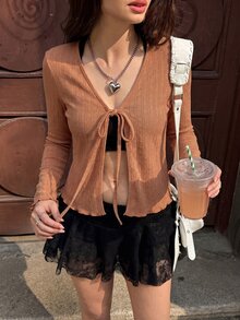 MainGRL Women's Sweet Textured Tie-Front Long Sleeve Knit Cardigan For Party - Khaki - View 6