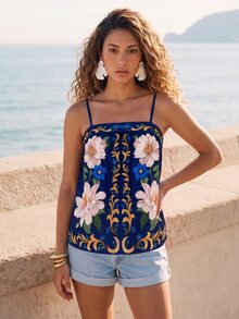 CAJUNI Atasan Cami Motif Bunga Biru Tua untuk Liburan dan Pakaian Kasual Tropis Boho untuk Liburan Pantai Musim Panas - Biru - View 4