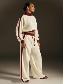 Hauture Women's 2 Pieces Colorblock Mock Neck Cropped Sweatshirt And Wide Leg Striped Sweatpants Set, Sportswear Outfit, Relaxed Loose Fit - Apricot - View 5