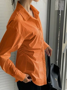 DAZY 秋季商務休閒收腰翻領女式襯衫長袖上衣 感恩節辦公工作穿搭 焦橙色 - 橘色 - 查看 7