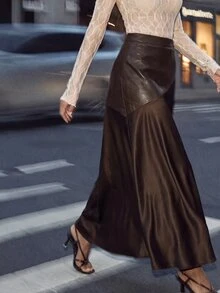 Anewsta Women's Elegant Skirt, Versatile Casual Commute PU Patchwork Satin Skirt - Coffee Brown - View 3