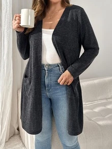 Shapeblank Plus-Size Women's Autumn/Winter Casual Western Gothic Stretch Grey Long Cardigan Office Formal Teacher Club - Black - View 5