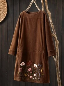 Rusticease Gaun Lengan Panjang Motif Bunga Sederhana Ukuran Plus - Coklat - View 3
