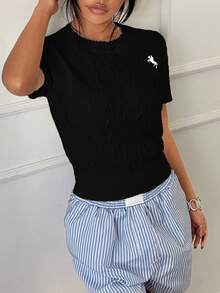 SHEIN Unity Casual Versatile Short Sleeve Knit Top - Black - View 6