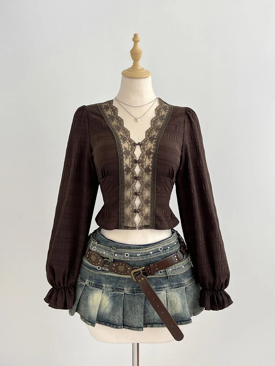 Elamini Dark Brown Textured Bubble Long Sleeve Lace V-Neck Cinched Waist Cropped Blouse - Coffee Brown - View 1