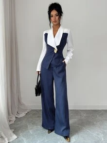 Elenzga Autumn Commute 2 Pieces Set Striped Patchwork Elegant Office Wear Women's 2 Pieces Set - Blue - View 5