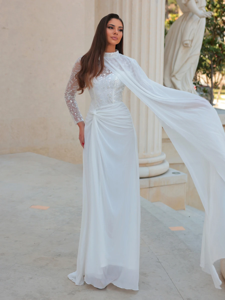 Aureia Elegant Luxurious White Sequin Embroidered Patchwork Chiffon Stand Collar Trumpet Sleeve 2 In 1 Mermaid Dress With Train Wedding Dress - White - View 1