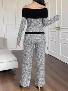 DAZY Women's Colorblock Off-Shoulder Knit Top And Pants 2 Pieces Set, Premium Autumn/Winter Dinner Office Black And White Gray Elegant - Grey - View 3
