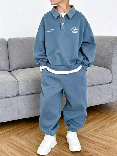SHEIN 2pcs Tween Boys Gray-Blue Sporty Fashion Casual POLO Sweatshirt And Pants Set