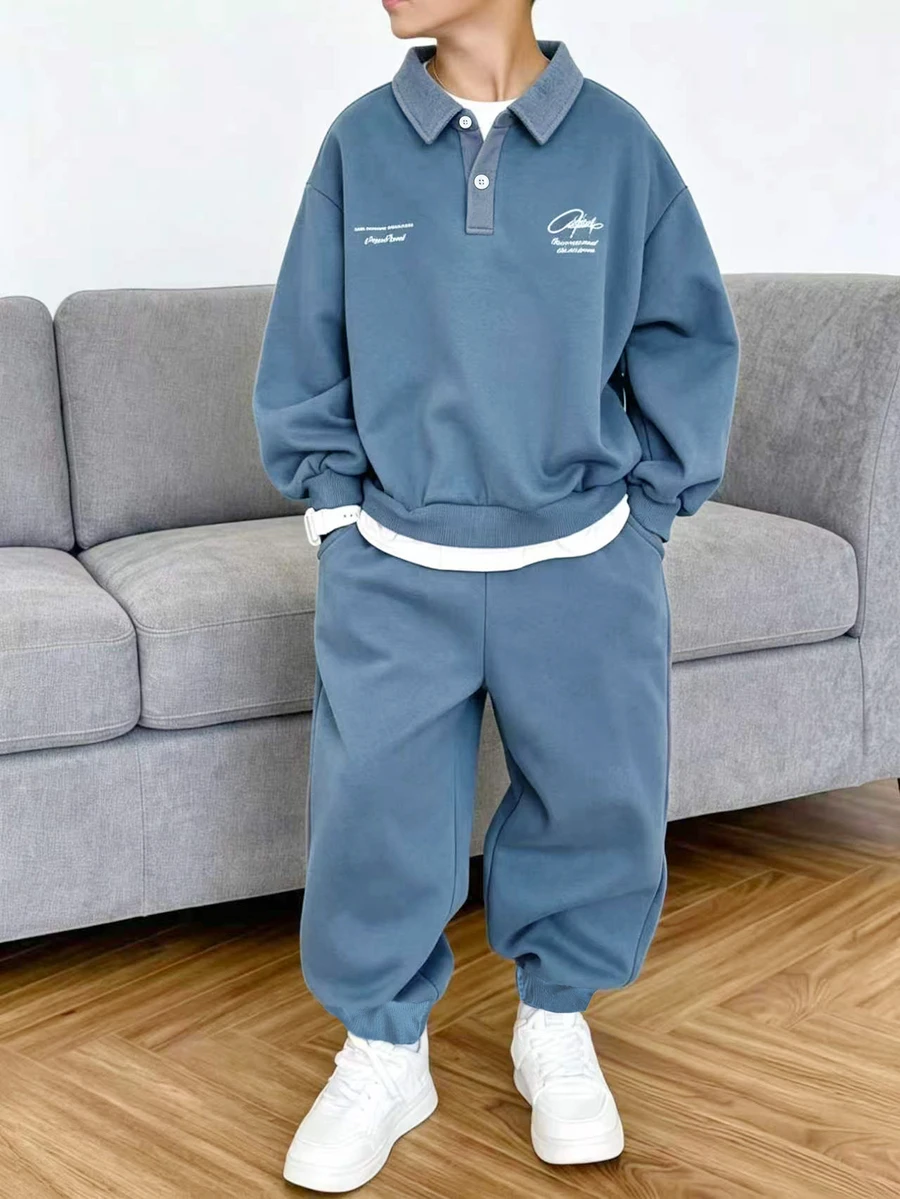 SHEIN 2pcs Tween Boys Gray-Blue Sporty Fashion Casual POLO Sweatshirt And Pants Set - Blue - View 1
